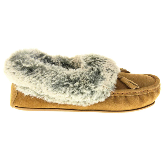 Faux fur moccasin slippers. Womens brown faux suede moccasin style slippers. With stitched detailing and tassels with subtle glitter on. Pale grey faux fur collar and lining. Brown firm sole. Right foot from a side profile.