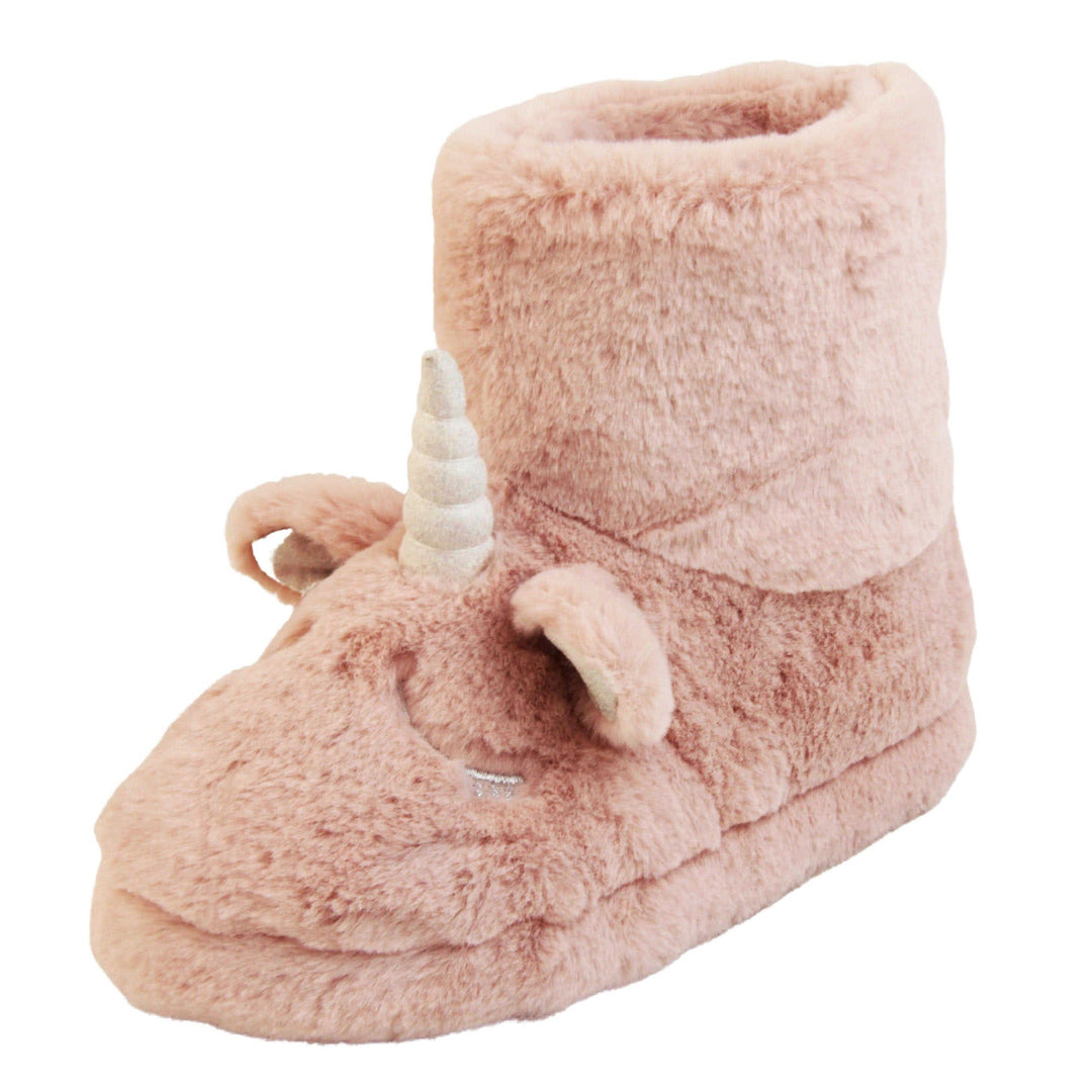 Faux fur slipper boots. Furry slipper boots in pink with a cute unicorn face on. With glittery ears and horn. The same colour faux fur lines the boot. Left foot at an angle.
