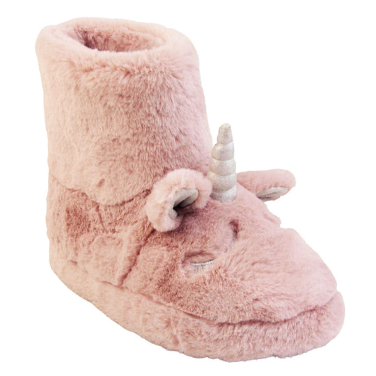 Faux fur slipper boots. Furry slipper boots in pink with a cute unicorn face on. With glittery ears and horn. The same colour faux fur lines the boot. Right foot at an angle.