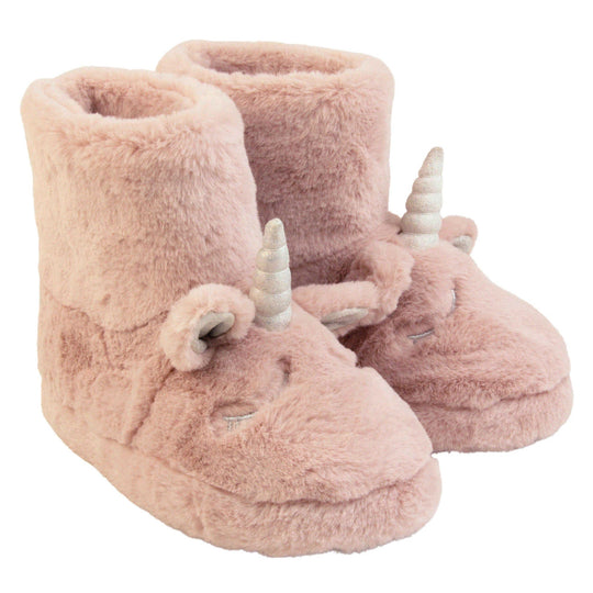 Faux fur slipper boots. Furry slipper boots in pink with a cute unicorn face on. With glittery ears and horn. The same colour faux fur lines the boot. Both feet together at a slight angle.
