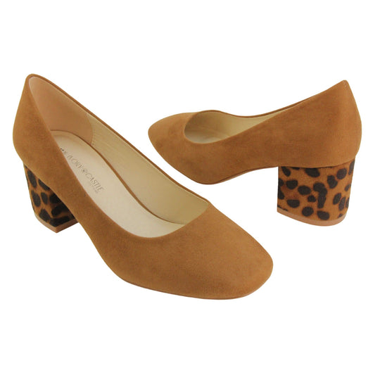 Faux suede low block heels. Womens court shoes with tan faux suede uppers. Faux suede leopard print block heel. Cream faux leather lining with beige textile lining at the heel. Beige sole.  Both feet at an angle facing top to tail.