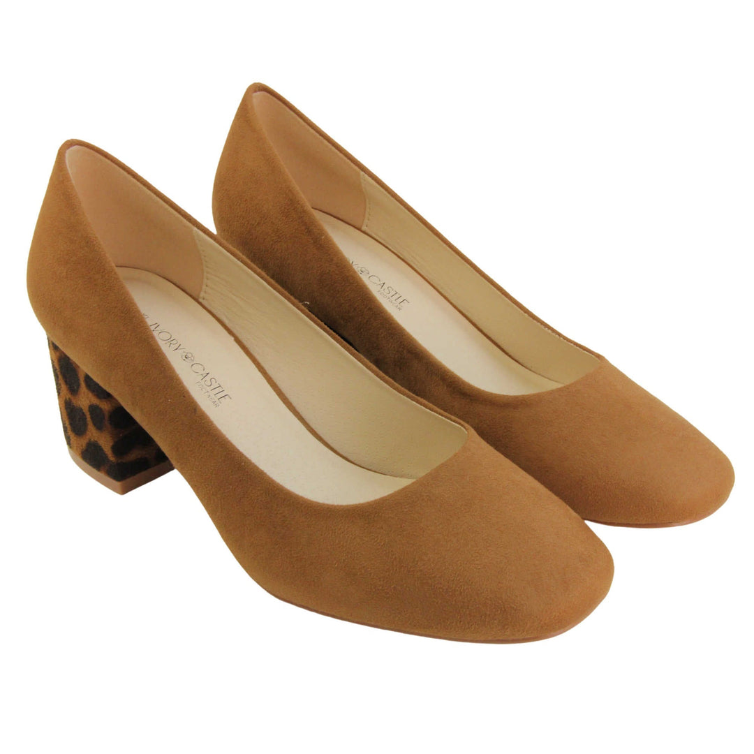 Faux suede low block heels. Womens court shoes with tan faux suede uppers. Faux suede leopard print block heel. Cream faux leather lining with beige textile lining at the heel. Beige sole. Both feet together at an angle.