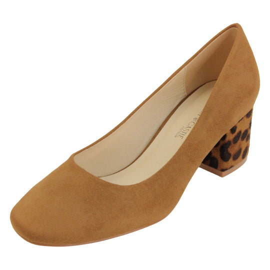 Faux suede low block heels. Womens court shoes with tan faux suede uppers. Faux suede leopard print block heel. Cream faux leather lining with beige textile lining at the heel. Beige sole. Left foot at an angle.