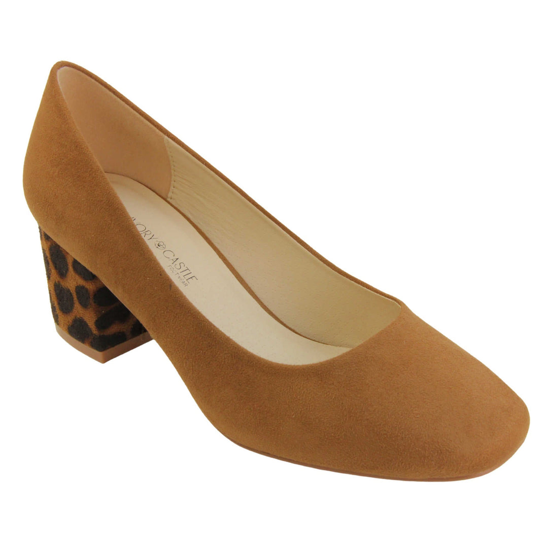 Faux suede low block heels. Womens court shoes with tan faux suede uppers. Faux suede leopard print block heel. Cream faux leather lining with beige textile lining at the heel. Beige sole. Right foot at an angle.