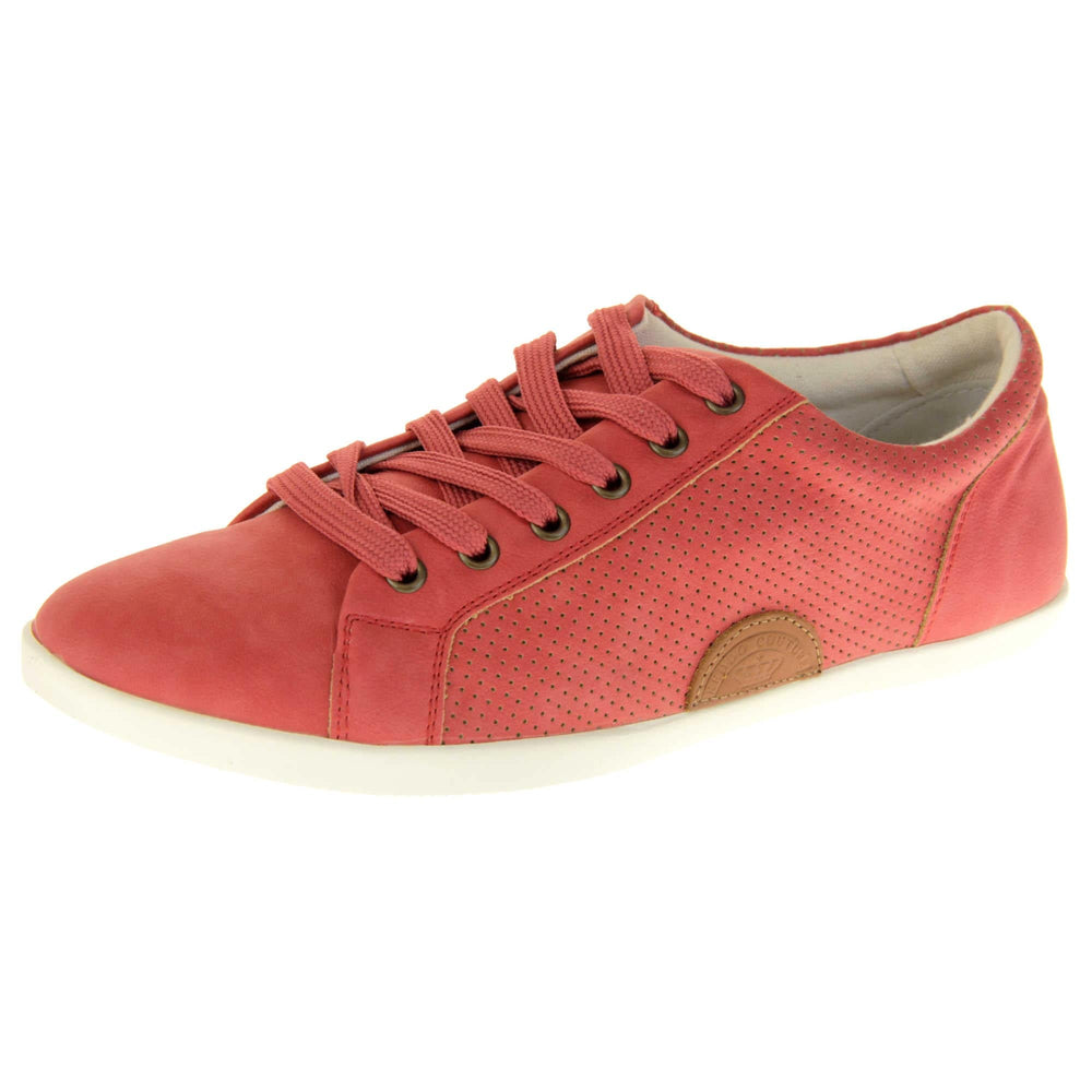 Faux suede sneakers. Women's shoes in a sneaker trainer style with a red faux suede upper. Tiny dot cut-out detailing to the side of the shoe. Red laces and a brown half-circle to the side of the shoe with Keddo branding on it. White leather lining and sole. Left foot at an angle.