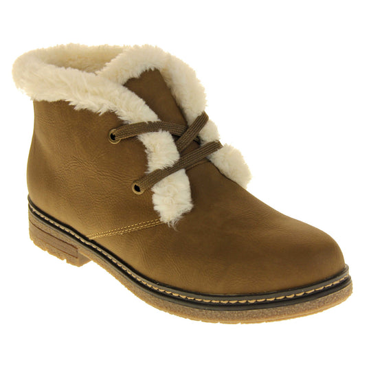 Fleece lined ankle boots. Women's ankle boots in a lace up style with a brown faux nubuck upperFleece lined ankle boots. Women's ankle boots in a lace up style with a brown faux nubuck leather upper. Brown laces with gold colopured eyelets. Cream faux fur trim and lining. Brown sole with grippy base. Right foot at an angle.