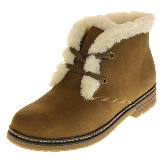 Fleece lined ankle boots. Women's ankle boots in a lace up style with a brown faux nubuck upperFleece lined ankle boots. Women's ankle boots in a lace up style with a brown faux nubuck leather upper. Brown laces with gold colopured eyelets. Cream faux fur trim and lining. Brown sole with grippy base. Left foot at an angle.