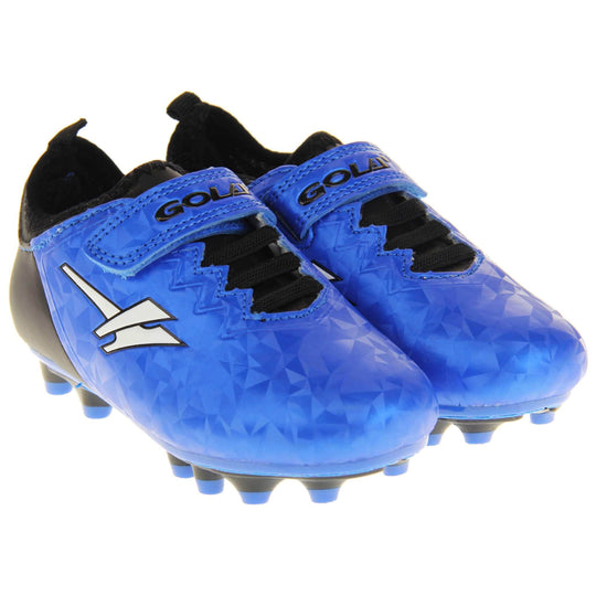 Kids football boots. Metallic cerulean blue Gola boots with white Gola logo to the sides. With black heel and tongue and black elastic lace detail to the front. Metallic blue touch close strap with Gola branding across it. Black and blue soles with blue studs. Both feet together