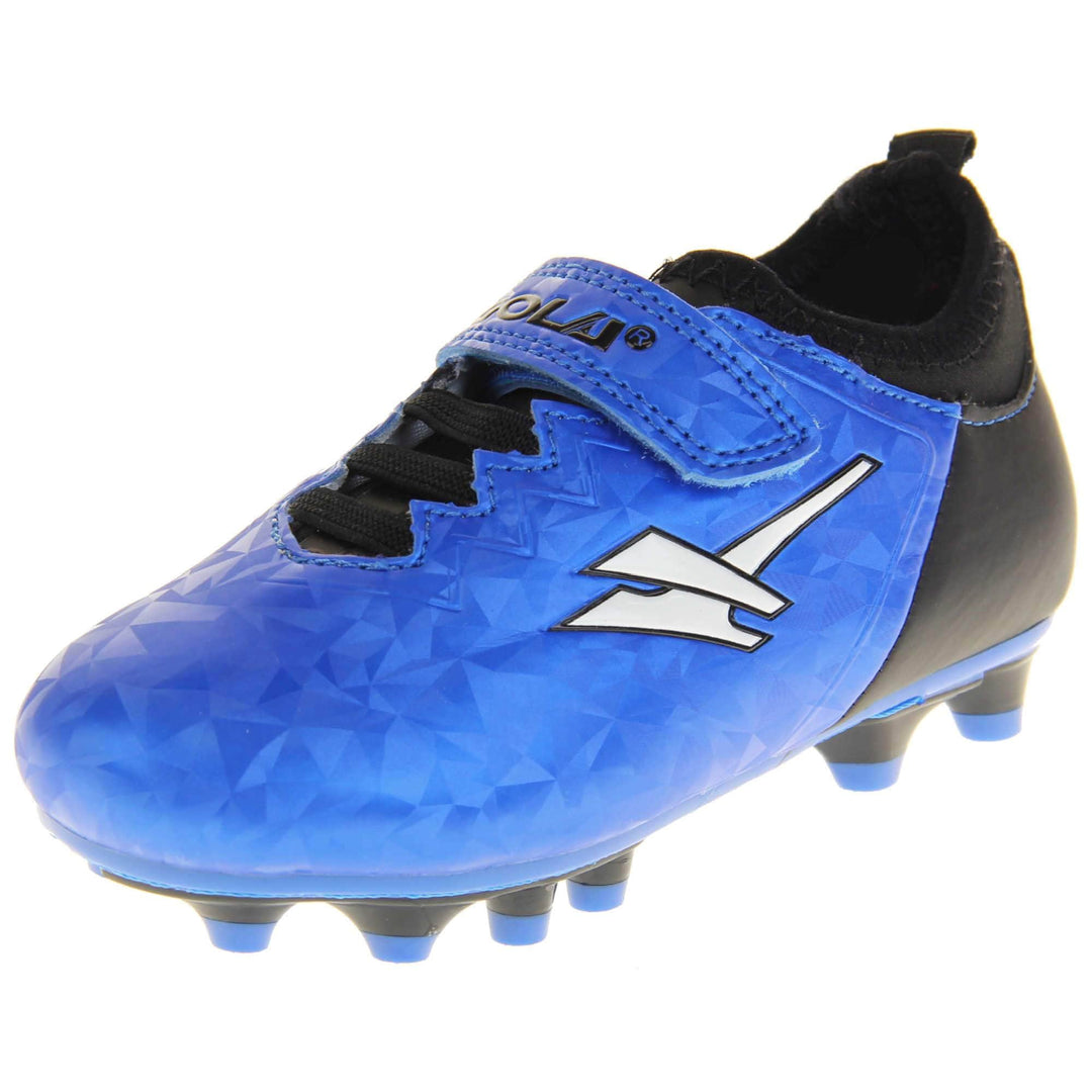 Kids football boots. Metallic cerulean blue Gola boots with white Gola logo to the sides. With black heel and tongue and black elastic lace detail to the front. Metallic blue touch close strap with Gola branding across it. Black and blue soles with blue studs. Left foot at an angle
