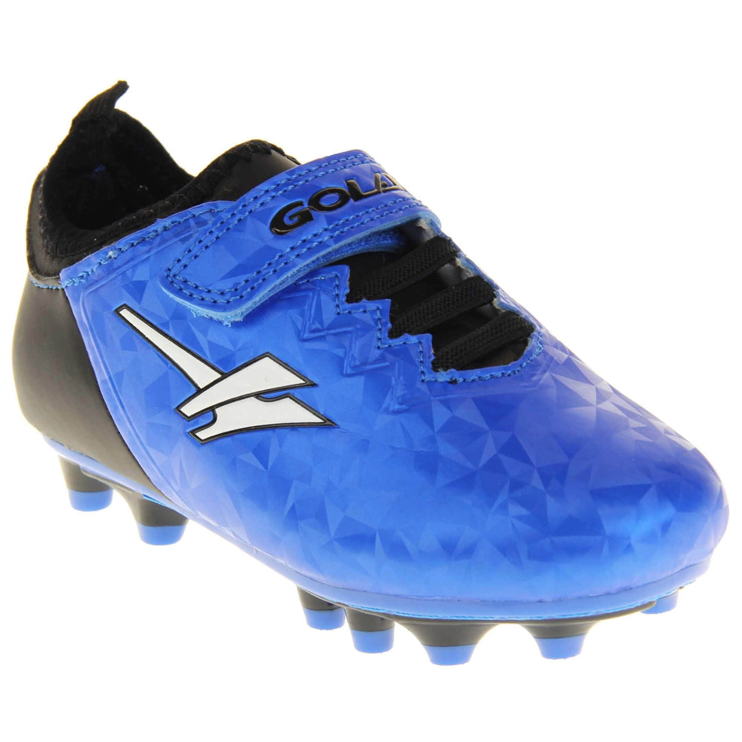 Kids football boots. Metallic cerulean blue Gola boots with white Gola logo to the sides. With black heel and tongue and black elastic lace detail to the front. Metallic blue touch close strap with Gola branding across it. Black and blue soles with blue studs. Right foot at an angle