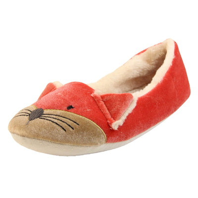 Fox slippers womens. Ladies slippers in a ballerina style. With red velvety upper, cute embroidered fox face and matching ears. White faux fur lining. Beige textile sole with bumps to the bottom for grip. Left foot at an angle.