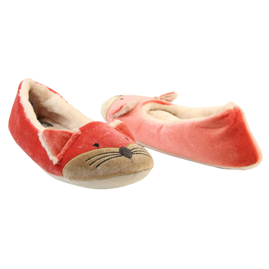 Fox slippers womens. Ladies slippers in a ballerina style. With red velvety upper, cute embroidered fox face and matching ears. White faux fur lining. Beige textile sole with bumps to the bottom for grip. Both feet at an angle, facing top to tail.