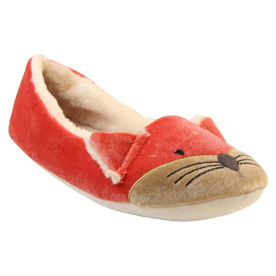 Fox slippers womens. Ladies slippers in a ballerina style. With red velvety upper, cute embroidered fox face and matching ears. White faux fur lining. Beige textile sole with bumps to the bottom for grip. Right foot at an angle.