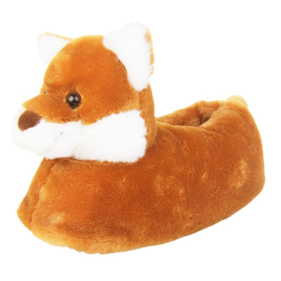 Fox slippers Womens. Ladies padded slippers shaped like a fox. With a orangey coloured faux fur upper and head. With white ears and face detailing. Left foot at an angle.