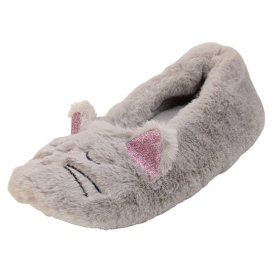 Girls fluffy slippers. Grey faux fur ballet style slipper with cat face stitched into the upper. Pink sparkly ear detail to the top of the upper. Lined with the same grey faux fur. Left foot at an angle.
