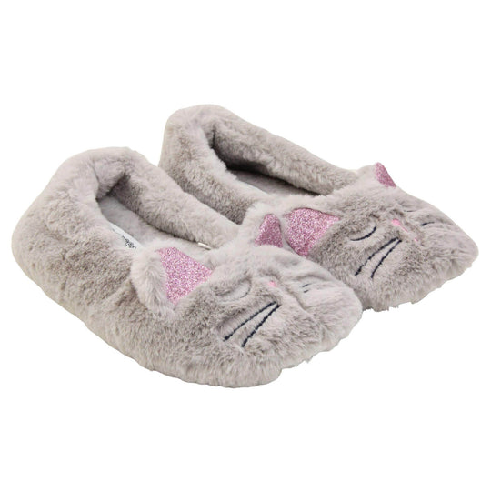 Girls fluffy slippers. Grey faux fur ballet style slipper with cat face stitched into the upper. Pink sparkly ear detail to the top of the upper. Lined with the same grey faux fur. Both feet together at an angle.
