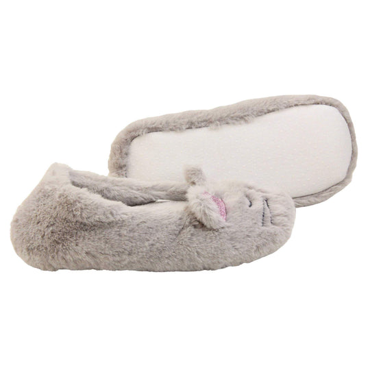 Girls fluffy slippers. Grey faux fur ballet style slipper with cat face stitched into the upper. Pink sparkly ear detail to the top of the upper. Lined with the same grey faux fur. Both feet from a side profile with the left foot on its side to show the sole.