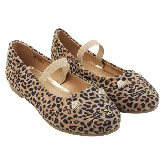 Girls leopard shoes. Ballerina style shoes with leopard print faux suede uppers and embroidered cat face to the front. With a beige elasticated over the foot strap. Beige lining and dark brown sole with very slight heel. Both feet together at an angle.