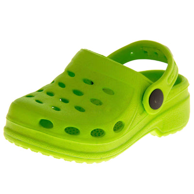 Girls Pool Shoes. Lime Green synthetic clog style shoes. Cut out holes around the toes and the upper. Green strap that goes along the back of your heel. The strap can be moved along the top of the shoe instead to make the shoe a mule. Left foot at an angle