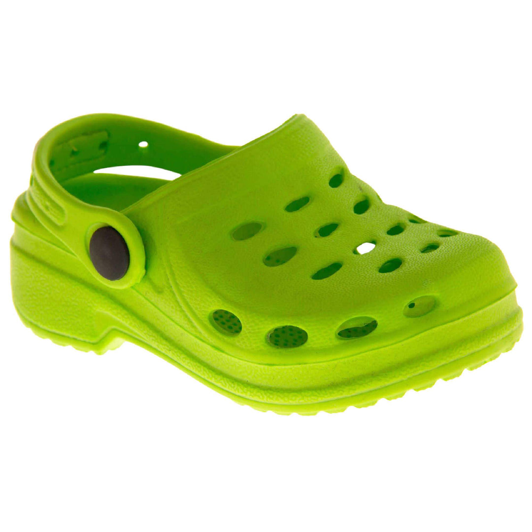 Girls Pool Shoes. Lime Green synthetic clog style shoes. Cut out holes around the toes and the upper. Green strap that goes along the back of your heel. The strap can be moved along the top of the shoe instead to make the shoe a mule. Right foot at an angle