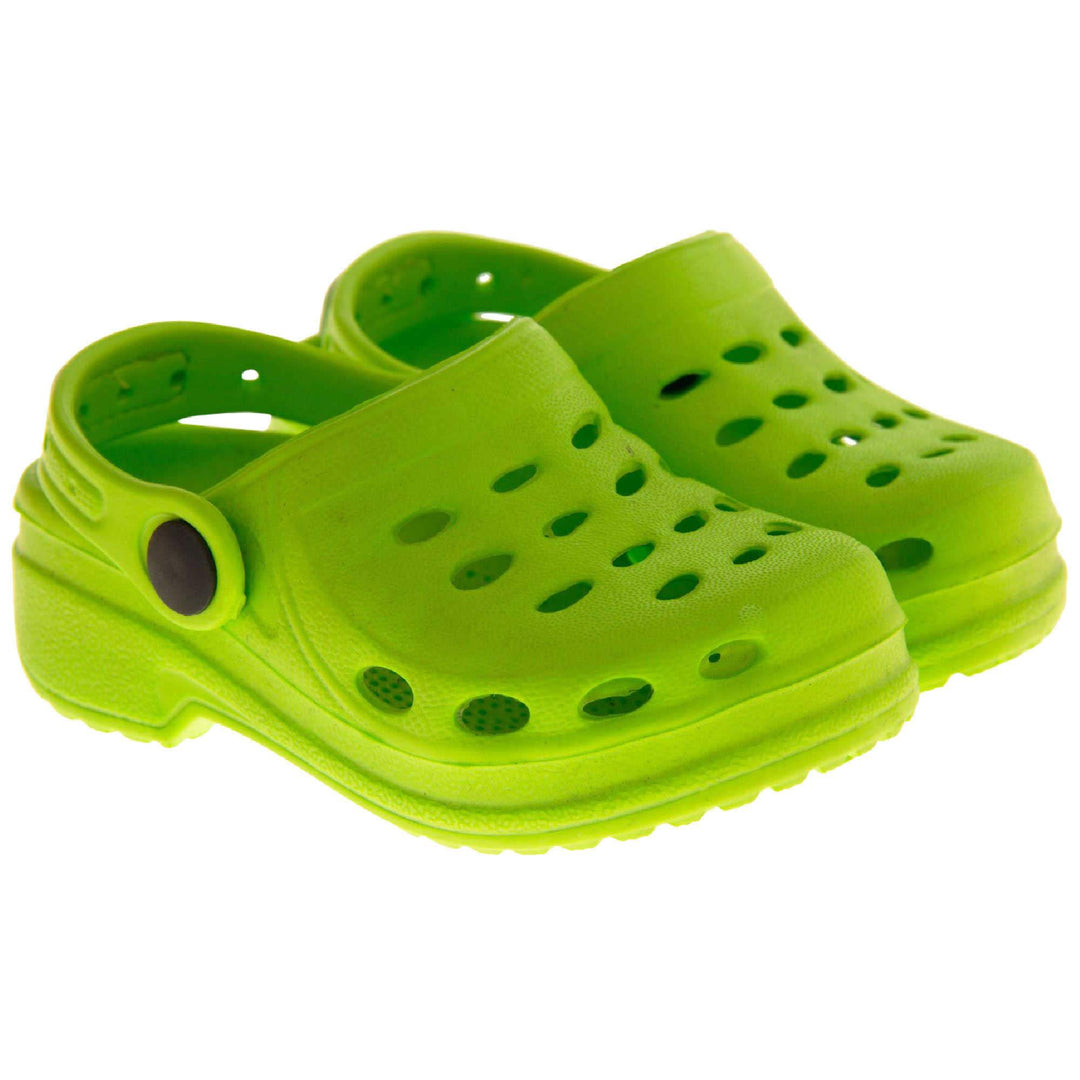 Girls Pool Shoes. Lime Green synthetic clog style shoes. Cut out holes around the toes and the upper. Green strap that goes along the back of your heel. The strap can be moved along the top of the shoe instead to make the shoe a mule. Both shoes next to each other at a slight angle.
