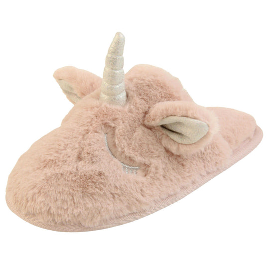 Girls unicorn slippers. Pink faux fur mule style slipper with a unicorn face stitched into the upper. Sparkly ear and horn detail to the top of the upper. Lined with the same faux fur. Left foot at an angle.