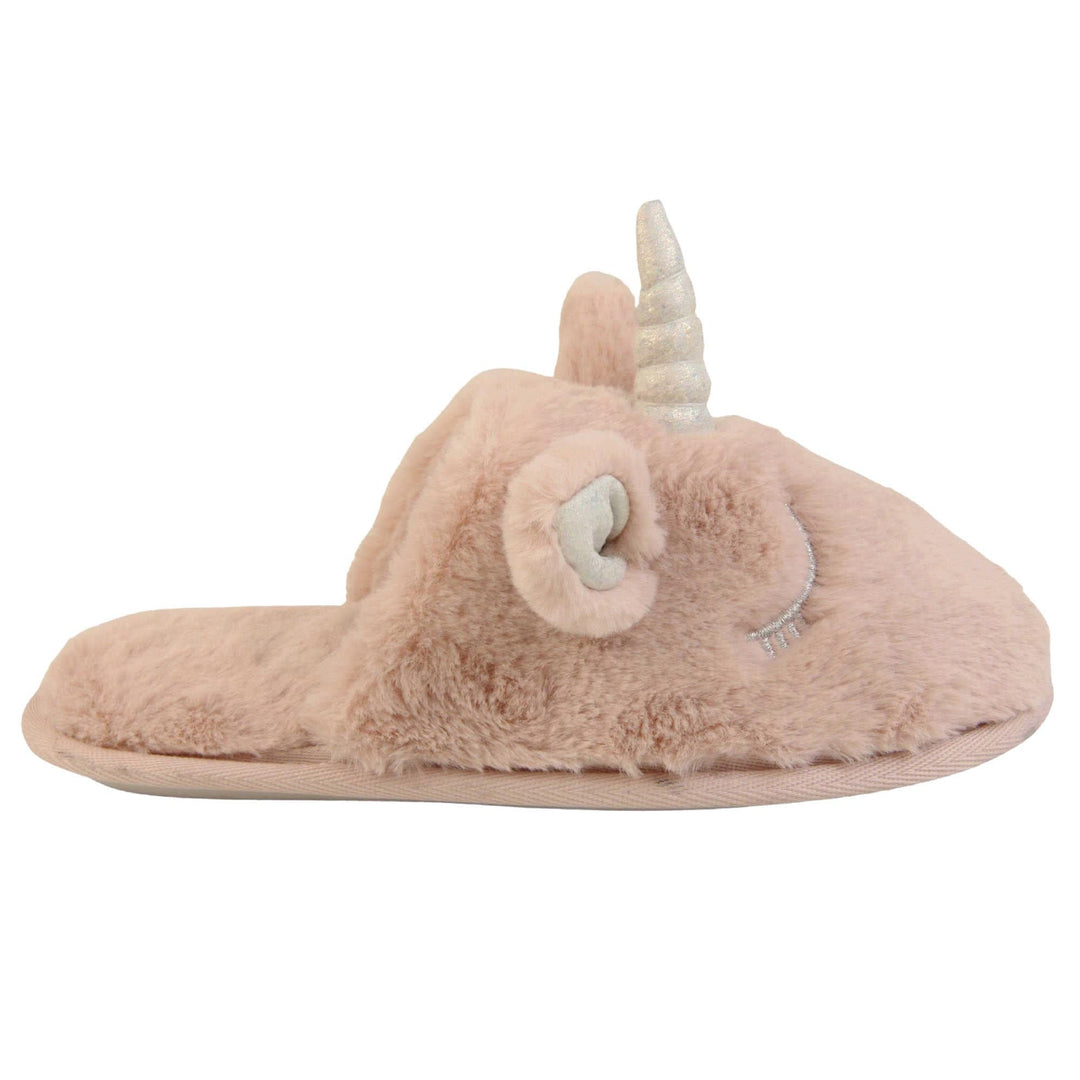 Girls unicorn slippers. Pink faux fur mule style slipper with a unicorn face stitched into the upper. Sparkly ear and horn detail to the top of the upper. Lined with the same faux fur. Right foot from the side.