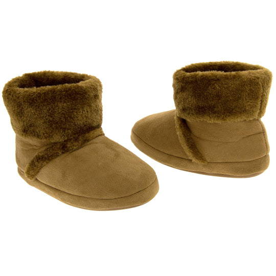 Girls Winter Boot Slippers. Brown faux suede boot style slippers with matching brown faux fur collar and lining. Also has a line of brown faux fur along the ridge of the foot on the upper. Firm sole with wavy lines for grip in the same brown colour. Both feet together  at an angle, facing top to tail.