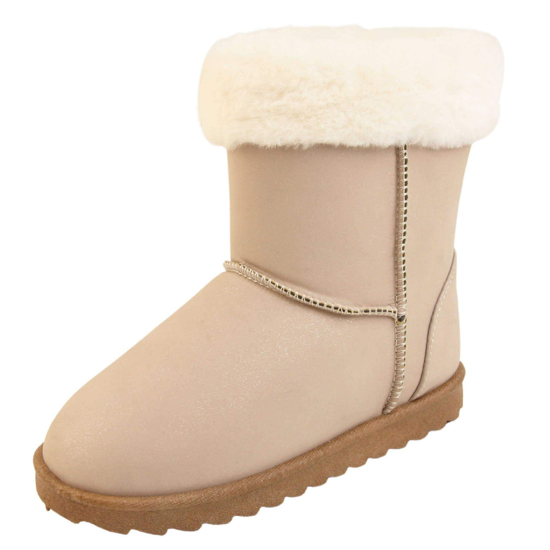 Girls Winter Boots - Beige glitter shimmer boots with visible stitching detail, white faux fur collar and brown chunky resilient sole. Left foot at angle.