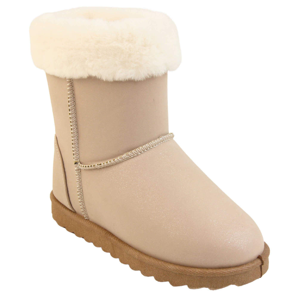Girls Winter Boots - Beige glitter shimmer boots with visible stitching detail, white faux fur collar and brown chunky resilient sole. Right foot at an angle