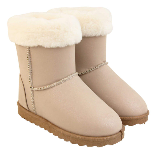 Girls Winter Boots - Beige glitter shimmer boots with visible stitching detail, white faux fur collar and brown chunky resilient sole. Both feet next together