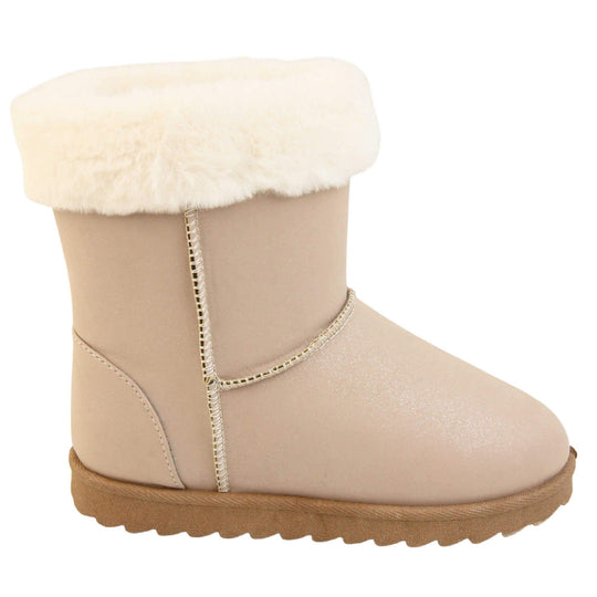 Girls Winter Boots - Beige glitter shimmer boots with visible stitching detail, white faux fur collar and brown chunky resilient sole.  Right foot from side angle