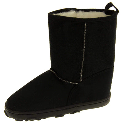 Girls winter boots - Black faux suede boots with visible stich detailing, Black sole with raised slip resistant grip and cream faux fur lining. Left foot at angle