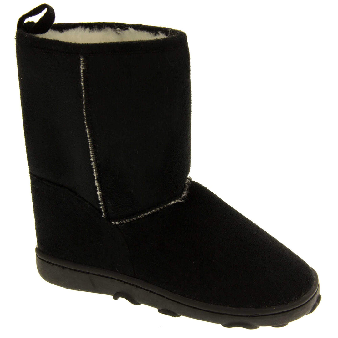 Girls winter boots - Black faux suede boots with visible stich detailing, Black sole with raised slip resistant grip and cream faux fur lining. Right foot at angle