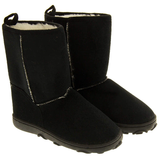 Girls winter boots - Black faux suede boots with visible stich detailing, Black sole with raised slip resistant grip and cream faux fur lining. Both boots next to each other at an angle