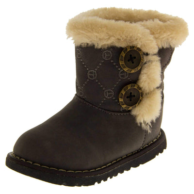 Girls Winter Boot Infant Sizes. Grey faux suede with chunky black sole and cream fur trim around rim and down the side of the boot. 2 buttons on the side with the fax fur as detailing. Left foot at an angle.