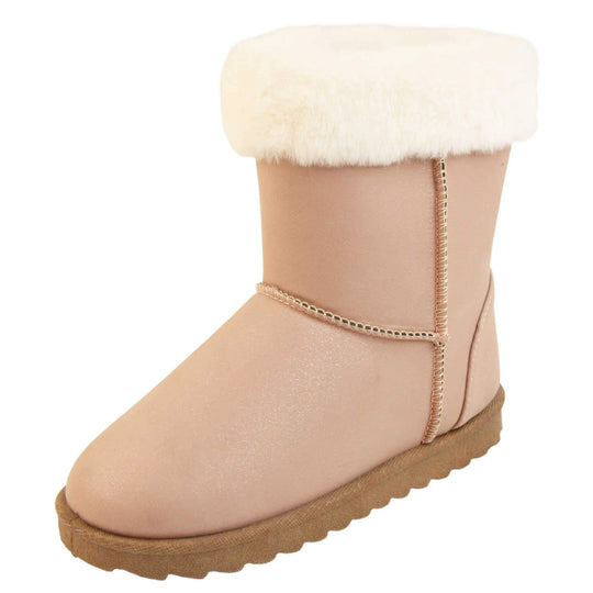 Girls Winter Boots - Pink shimmery glitter boots with visible stitching detailing, white fur cuff and brown chunky durable sole. Left foot at angle.