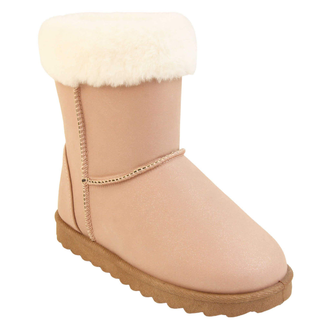 Girls Winter Boots - Pink shimmery glitter boots with visible stitching detailing, white fur cuff and brown chunky durable sole. Right foot at angle.