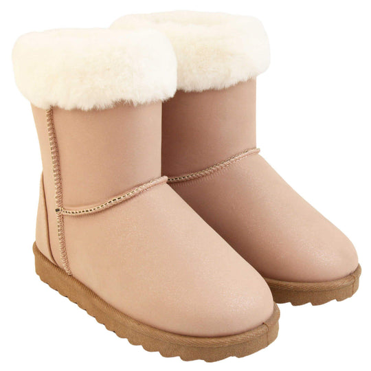 Girls Winter Boots - Pink shimmery glitter boots with visible stitching detailing, white fur cuff and brown chunky durable sole. Both feet together.