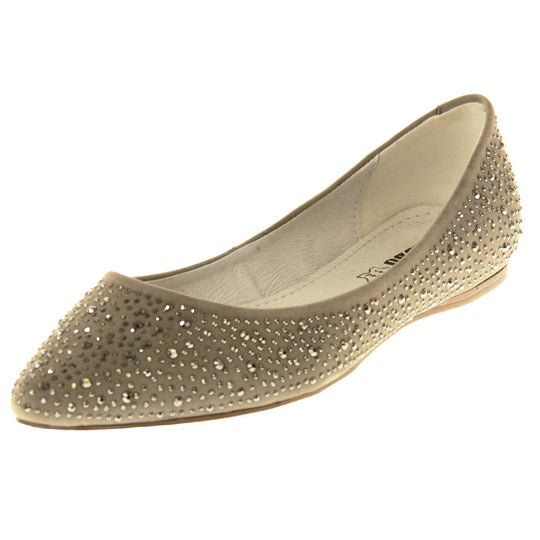Gold flat pumps. Ballet style shoes with a taupe faux suede upper covered in gold diamantes. Cream leather lining and beige sole. Left foot at an angle.