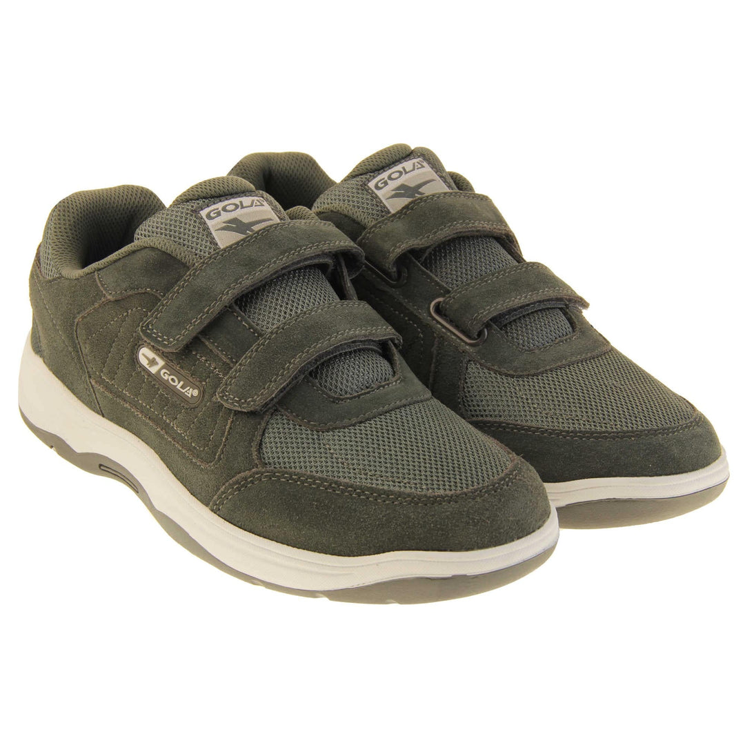 Men's grey wide fit trainers. Classic trainer style in wide fit with grey coated leather upper and grey stitching detail. Two grey touch fasten straps with grey tongue and textile lining. Grey and white Gola branding to the side. White outsole with grey base. Both feet together from an angle.