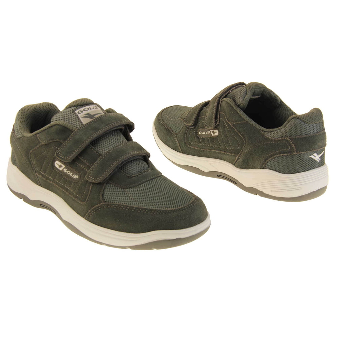 Men's grey wide fit trainers. Classic trainer style in wide fit with grey coated leather upper and grey stitching detail. Two grey touch fasten straps with grey tongue and textile lining. Grey and white Gola branding to the side. White outsole with grey base. Both feet from a slight angle facing top to tail.