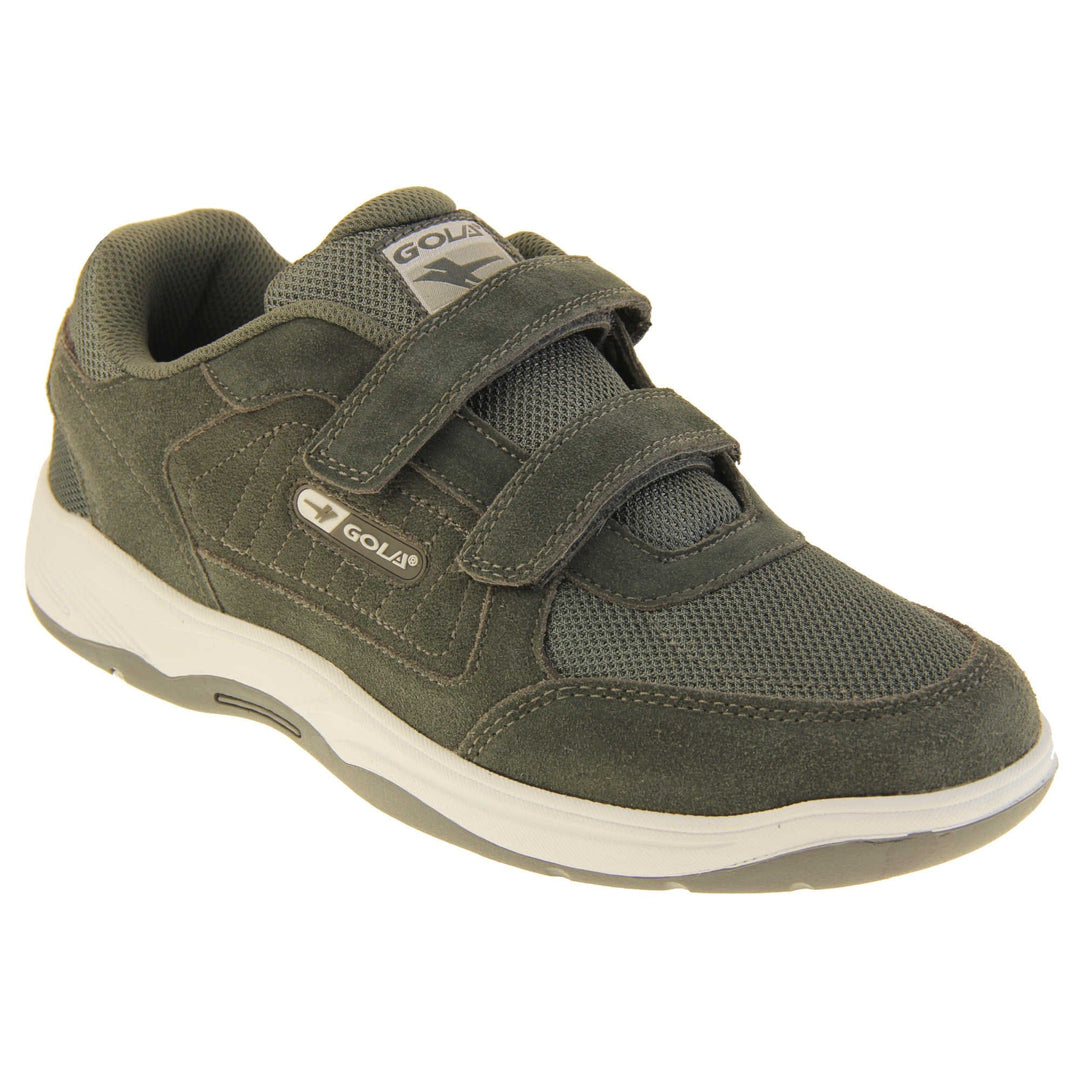 Men's grey wide fit trainers. Classic trainer style in wide fit with grey coated leather upper and grey stitching detail. Two grey touch fasten straps with grey tongue and textile lining. Grey and white Gola branding to the side. White outsole with grey base. Right foot at an angle.