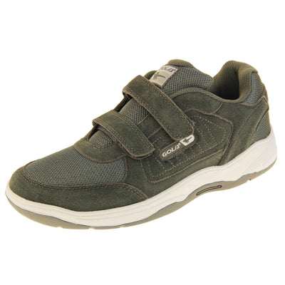 Men's grey wide fit trainers. Classic trainer style in wide fit with grey coated leather upper and grey stitching detail. Two grey touch fasten straps with grey tongue and textile lining. Grey and white Gola branding to the side. White outsole with grey base. Left foot at an angle.