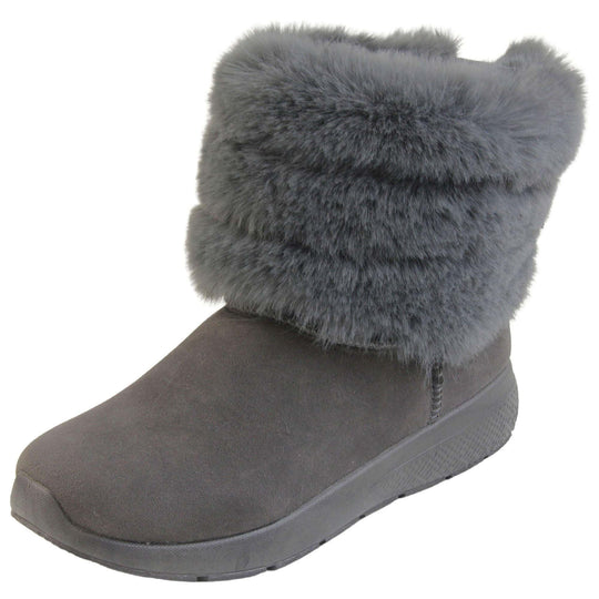 Womens Faux Fur Lined Winter Boots - Grey with suede effect upper, thick colour matching sole, plush faux fur collar. Left foot at angle.