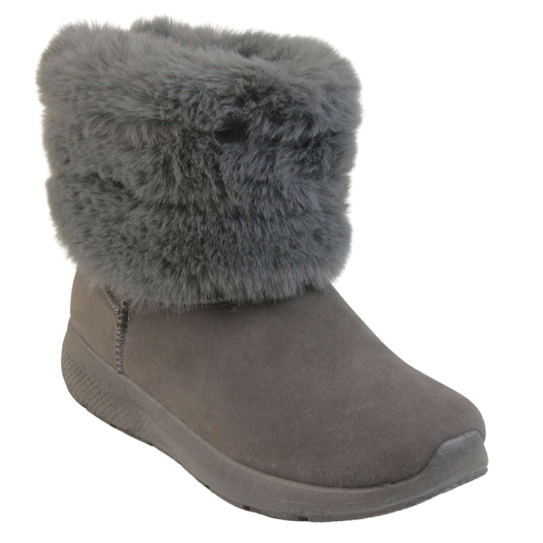 Womens Faux Fur Lined Winter Boots - Grey with suede effect upper, thick colour matching sole, plush faux fur collar. Right foot at angle.