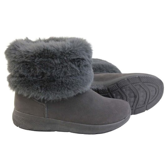 Womens Faux Fur Lined Winter Boots - Grey with suede effect upper, thick colour matching sole, plush faux fur collar. Both boots with outsole showing.