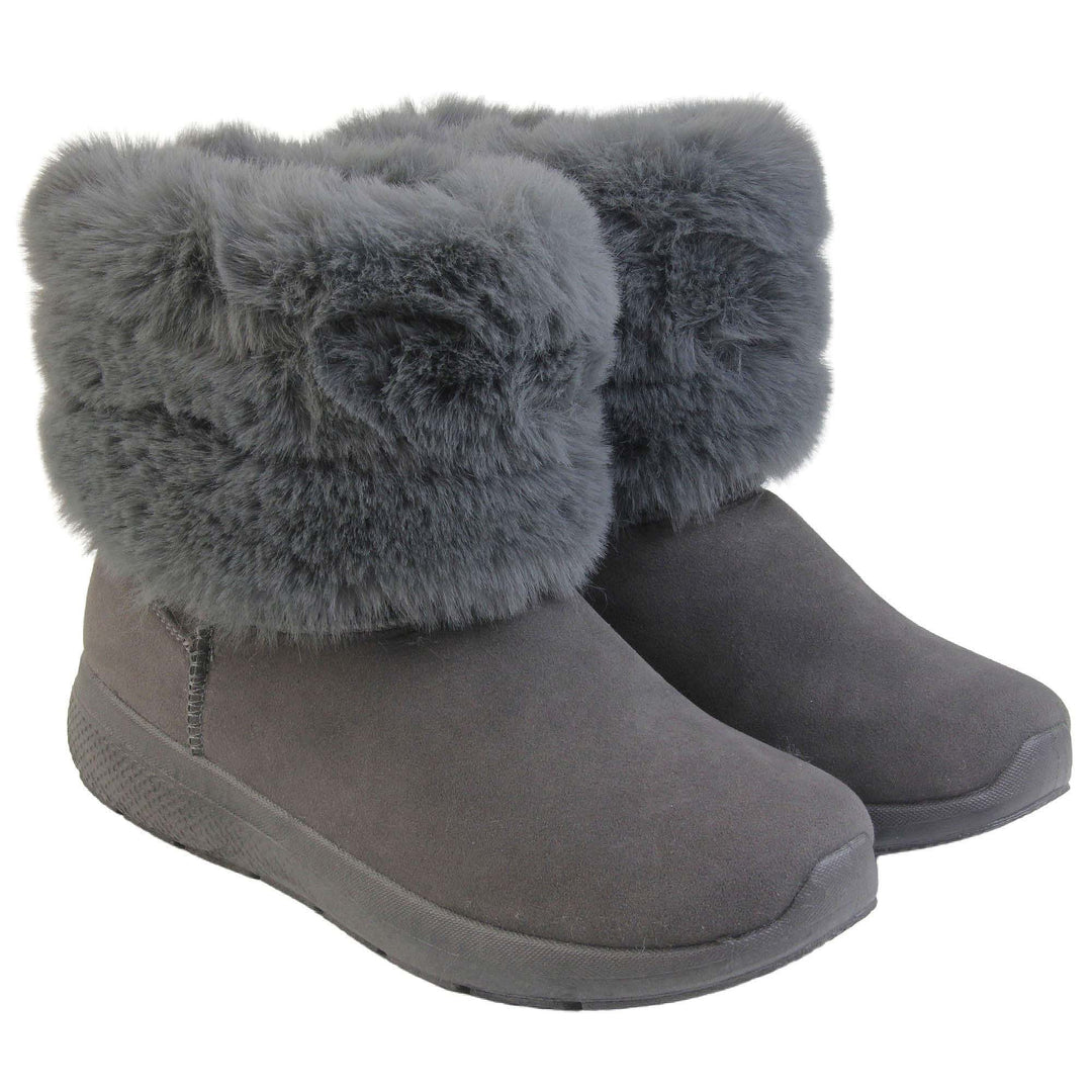 Womens Faux Fur Lined Winter Boots - Grey with suede effect upper, thick colour matching sole, plush faux fur collar. Both boots at angle.