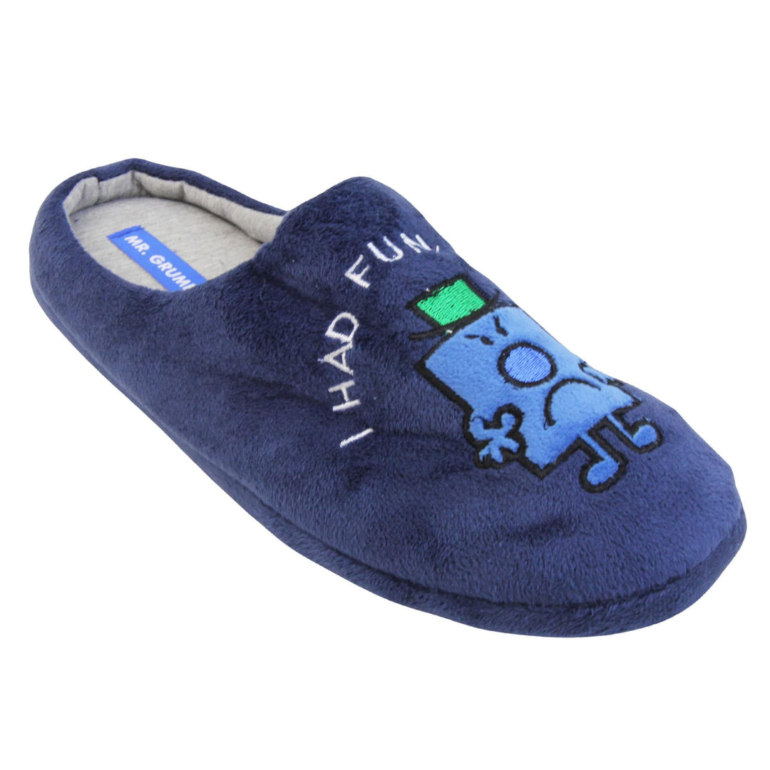 Grumpy slippers. Mule style slippers with soft navy blue uppers. An embroidered Mr grumpy figure on the front with the words 'i had fun' embroidered above it. Grey textile lining with firm black sole. Right foot at an angle.
