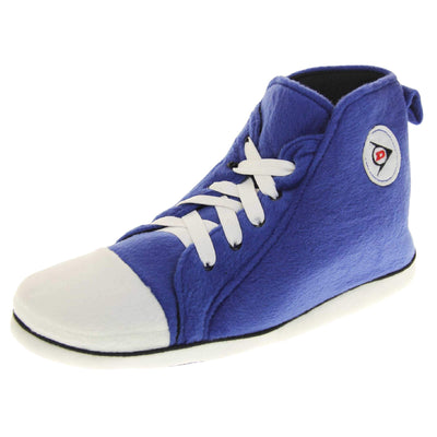 High top slippers for men. Blue soft fabric upper in high-rise sneaker style. With white elasticated laces and white circle with Dunlop logo to the side. White edge around the sole of the shoe. Black textile lining. Black sole with bumps for grips. Left foot at an angle.